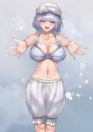  1girl \||/ absurdres beckoning bloomers blue_eyes bow bow_bra bra breasts commission feet_out_of_frame grey_background half-closed_eyes highres huge_breasts letty_whiterock light_purple_hair medium_hair nanaironokabi outstretched_arms pixiv_commission sparkle touhou underwear variant_set white_bra 