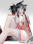  1girl absurdres animal_ears arknights artist_name black_hair breasts feet_out_of_frame grey_background hair_between_eyes highres jacket knee_up large_breasts long_legs looking_at_viewer mackia multicolored_hair one-piece_swimsuit ponytail red_hair red_one-piece_swimsuit sidelocks simple_background solo streaked_hair swimsuit tail texas_(arknights) white_jacket wolf_ears wolf_girl wolf_tail yellow_eyes 