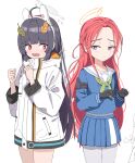  2girls akira_(aristole) animal_ears black_hair black_serafuku blue_archive blue_serafuku blush cosplay costume_switch halo highres jacket miniskirt miyu_(blue_archive) miyu_(blue_archive)_(cosplay) multiple_girls pantyhose rabbit_ears red_hair school_uniform serafuku skirt white_background white_jacket white_pantyhose yuzu_(blue_archive) yuzu_(blue_archive)_(cosplay) 