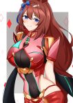  1girl absurdres alternate_costume animal_ears arn7 blue_eyes blush breasts brown_hair cleavage closed_mouth cosplay ear_bow ear_ribbon gem hair_between_eyes hair_ornament highres horse_ears horse_girl large_breasts long_hair looking_at_viewer multicolored_hair pyra_(xenoblade) pyra_(xenoblade)_(cosplay) simple_background smile solo standing super_creek_(umamusume) umamusume upper_body white_hair xenoblade_chronicles_(series) xenoblade_chronicles_2 