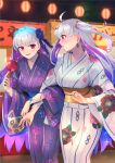  2girls blue_fire blush breasts candy_apple colored_inner_hair commission dual_persona earrings fate/grand_order fate_(series) fire floral_print flower food hair_flower hair_ornament hair_ribbon highres japanese_clothes jewelry kama_(fate) kama_(swimsuit_avenger)_(fate) kimono large_breasts long_hair long_sleeves multicolored_hair multiple_girls nakaga_eri obi purple_hair purple_kimono red_eyes ribbon sash skeb_commission smile two-tone_hair white_hair white_kimono wide_sleeves 