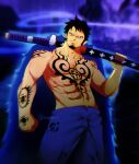  absurdres black_hair blue_eyes coat coat_on_shoulders fur_coat highres male_focus muscular muscular_male night no_shirt one_piece overcoat sword swordman tattoo tattoo_on_arm tattoo_on_breast topless topless_male trafalgar_law weapon 