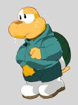 anthro bandage blue_clothing bodily_fluids bottomwear clothing footwear hand_on_crotch hoodie koopa koops male mario_bros masshiro nintendo pants paper_mario paper_mario:_the_thousand_year_door reptile scalie shell shoes simple_background solo sweat topwear turtle yellow_body 