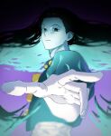  &lt;o&gt;_&lt;o&gt; 1boy black_eyes black_hair expressionless green_jacket hair_slicked_back highres holding holding_nail hunter_x_hunter illumi_zoldyck jacket long_hair looking_at_viewer male_focus mynest nail pin purple_background reaching reaching_towards_viewer simple_background solo upper_body very_long_hair 