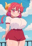  1girl arm_behind_back bluefrok breasts cloud dragon_horns highres horns huge_breasts ilulu_(maidragon) long_hair looking_at_viewer multicolored_hair pink_hair red_eyes shirt short_sleeves smile solo sportswear thick_thighs thighs twintails white_shirt 