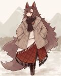  1girl animal_ears black_scarf black_tassel boots brooch brown_coat brown_footwear brown_hair brown_jacket brown_tail coat cross-laced_footwear full_body hair_between_eyes hands_in_pockets highres imaizumi_kagerou jacket jewelry kaginoni long_hair long_sleeves long_tail looking_up mountainous_horizon open_clothes open_jacket plaid red_brooch red_eyes scarf shirt skirt solo standing sweater tail tassel touhou white_background white_sweater wolf_ears wolf_girl wolf_tail 