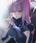  1girl atsuko_(blue_archive) black_bodysuit blue_archive blush bodysuit breasts fingernails hair_over_eyes halo highres kangshi long_hair looking_at_viewer medium_breasts open_mouth purple_hair red_eyes solo upper_body 