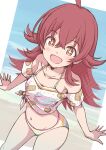  1girl ahoge beach bikini blush breasts collarbone commentary hair_between_eyes hair_flaps highres idolmaster idolmaster_shiny_colors komiya_kaho long_hair looking_at_viewer multicolored_bikini multicolored_clothes navel ocean open_mouth print_shirt red_eyes red_hair satomura_kyou shirt short_sleeves sidelocks small_breasts smile solo sparkling_eyes stomach striped striped_bikini swimsuit thighs white_shirt 