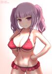  1girl aiou_akahiko alice_gear_aegis bikini blunt_bangs breasts cameltoe cleavage covered_nipples cowboy_shot frilled_bikini frills front-tie_bikini_top front-tie_top gradient_background grey_hair groin hands_on_own_hips highres ichijou_ayaka large_breasts navel red_bikini red_eyes solo swimsuit twintails twitter_username white_background 