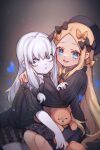  2girls abigail_williams_(fate) bags_under_eyes black_bow black_dress blonde_hair blue_eyes bow breasts bug butterfly dress fate/grand_order fate_(series) forehead hair_bow highres horns lavinia_whateley_(fate) long_hair long_sleeves looking_at_viewer miya_(miyaruta) multiple_girls multiple_hair_bows open_mouth orange_bow pale_skin parted_bangs purple_eyes ribbed_dress sidelocks single_horn small_breasts smile stuffed_animal stuffed_toy teddy_bear white_hair wide-eyed 