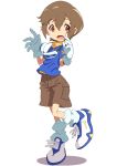  1girl brown_hair brown_shorts child cosplay digimon digimon_adventure gloves goggles goggles_around_neck hair_between_eyes highres open_mouth shadow shorts smile solo white_footwear white_gloves yagami_hikari yagami_taichi yagami_taichi_(cosplay) 