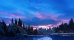  1other black_robe cloud cloudy_sky commentary_request dusk evening forest frozen_lake full_body highres kgt_(pixiv12957613) lake landscape nature original outdoors pine_tree reflection reflective_water robe scenery shooting_star sky tree very_wide_shot 