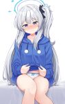  1girl blue_archive blue_halo blue_hoodie blush closed_mouth feet_out_of_frame grey_hair halo highres hood hoodie long_hair long_sleeves looking_at_viewer miyako_(blue_archive) nenosame one_side_up open_mouth panties purple_eyes solo underwear white_panties 