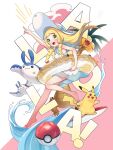  1girl alolan_exeggutor arm_up ball bare_arms bare_legs barefoot beachball blonde_hair blunt_bangs blush braid collared_dress commentary_request dress eyelashes floating_hair green_eyes hat hat_ribbon highres holding holding_innertube index_finger_raised innertube kinocopro lillie_(pokemon) long_hair mantine open_mouth pikachu pokemon pokemon_(creature) pokemon_(game) pokemon_sm ribbon see-through sleeveless sleeveless_dress sun_hat sundress surfboard themed_object toes tongue twin_braids water white_dress white_headwear 