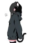  1girl animal_ear_fluff animal_ears animal_on_face black_cat black_hair black_hoodie blush cat cat_ears cat_girl cat_tail closed_eyes from_side highres hood hoodie long_hair megateru original oversized_clothes skindentation sleeves_past_fingers sleeves_past_wrists tail thighhighs 