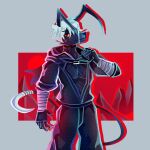  anthro black_body clothed clothing colored fully_clothed gelert_(neopets) hair hi_res jumpstart_games long_ears long_tail male nebularobo neopet_(species) neopets red_eyes scoot_mckool_(karina_farek) shaded solo tail thin_tail white_hair 