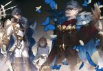  1girl 2boys ahoge aiguillette armor ascot bangs black_background black_eyes black_footwear black_gloves blue_butterfly blue_cape boots bright_pupils brown_jacket bug butterfly buttons cape clenched_teeth coat cowboy_shot crossed_bangs curtained_hair double-breasted dress empty_eyes facial_hair facial_mark fate/grand_order fate_(series) fujimaru_ritsuka_(female) fujimaru_ritsuka_(female)_(decisive_battle_chaldea_uniform) fur-trimmed_cape fur_trim glasses glint gloves gradient_background hair_between_eyes hair_slicked_back hand_on_own_stomach hand_up high_collar highres holding holding_staff jacket james_moriarty_(archer)_(fate) james_moriarty_(ruler)_(fate) light_particles mature_male medium_hair multiple_boys mustache old old_man orange_eyes orange_hair ou_syoku7 pants pinstripe_jacket pinstripe_pattern red_ascot serious shirt short_hair shoulder_armor shoulder_cape smoke staff striped sweat teeth thigh_boots upper_body white_coat white_dress white_gloves white_pants white_pupils white_shirt 