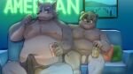  2023 anthro balls bear belly big_belly can canid canine canis clothed clothing container detailed_background domestic_dog erection erection_under_clothing eyewear flaccid furniture genitals glasses inside kemono kiyo male male/male mammal moobs navel nipples overweight overweight_male penis sofa 