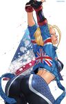  1girl ass black_gloves black_pants blonde_hair blue_jacket cameltoe cammy_white capcom darkereve fingerless_gloves gloves highres jacket pants red_gloves short_hair solo street_fighter street_fighter_6 thighs union_jack yoga_pants 