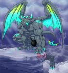 2020 abs anthro artist_name athletic athletic_anthro athletic_male biceps big_bulge bulge claws clothed clothing dated deltoids detailed_background digital_drawing_(artwork) digital_media_(artwork) dragon feet fingers gargoyle glowing glowing_eyes glowing_horn green_eyes grey_body grey_scales hi_res horn hungothenomster hybrid long_tail male muscular muscular_anthro muscular_male muscular_thighs outside pecs scales scalie solo soulgyr_(hungothenomster) tail toe_claws toes tongue tongue_out underwear underwear_only watermark wings 
