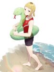  beach bike_shorts bleached_hair blonde_hair chainsaw_man feet highres holding_floatie ikanyoikanikan looking_at_viewer outdoors red_eyes roots_(hair) sand sawatari_akane_(chainsaw_man) short_hair simple_background slit_pupils snake tank_top water wet 