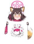  1girl :3 absurdres animal_ear_fluff animal_ears black_hair blue_archive blush commentary_request devil_yanghyeok eyeshadow fang fingerless_gloves fox_ears fox_girl fox_hair_ornament fox_statue fox_tail gloves hair_between_eyes hair_ornament halo hiding highres holding holding_paper izuna_(blue_archive) long_sleeves looking_at_viewer makeup medium_hair ninja one_side_up paper pom_pom_(clothes) pom_pom_hair_ornament red_eyeshadow red_scarf rope scarf school_uniform serafuku shimenawa sidelocks sleeveless smile solo tail wide_sleeves yellow_eyes 