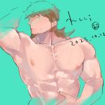  1boy abs aqua_background arm_up armpits bara brown_hair cropped_torso dated doodle_inset facial_hair fate/grand_order fate_(series) goatee hector_(fate) large_pectorals long_hair male_focus mature_male muscular muscular_male nude pectoral_focus pectorals ponytail sideways_glance solo thick_eyebrows translation_request turning_head unfinished ymbk_(ymym_oh) 