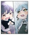  2girls aqua_hair bang_dream! bang_dream!_it&#039;s_mygo!!!!! blush chibi ei_eq5 hashtag_only_commentary highres holding holding_microphone looking_up lower_teeth_only microphone multiple_girls music open_mouth purple_hair red_eyes singing takamatsu_tomori tearing_up tears teeth togawa_sakiko yellow_eyes 