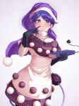  1girl :3 black_capelet black_gloves blue_eyes blue_hair book capelet closed_mouth commentary_request doremy_sweet dress finger_in_own_mouth gloves grey_background highres holding holding_book looking_at_viewer pom_pom_(clothes) purple_headwear short_hair solo suke_(rf6tk) tail tapir_tail touhou white_dress 