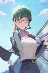  1girl :&gt; anosillus_ii breasts character_request closed_mouth glasses green_hair gridman_universe highres m.q_(mqkyrie) one_eye_closed red_hair smile solo_focus ssss.dynazenon 