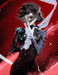  1girl adjusting_clothes adjusting_gloves armor blue_bodysuit bodice bodysuit brown_hair closed_mouth cofffee cowboy_shot eye_mask floating_hair gloves gradient_background light_particles looking_at_viewer mask messy_hair niijima_makoto outline persona persona_5 red_eyes red_outline scarf short_hair shoulder_armor shoulder_spikes solo spikes standing white_gloves 