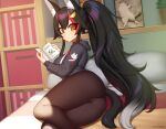  1girl animal_ear_fluff animal_ears artist_name ass bed black_choker black_hair black_hoodie black_pantyhose book breasts choker feet_out_of_frame gradient_hair hair_between_eyes hair_ornament hairclip holding holding_book hololive hood hoodie indoors kuroonehalf large_breasts long_hair long_sleeves looking_at_viewer looking_to_the_side lying multicolored_hair on_bed on_side ookami_mio orange_eyes pantyhose parted_lips picture_frame pillow plant ponytail potted_plant red_hair shelf solo streaked_hair sunlight tail thighs very_long_hair virtual_youtuber white_hair wolf_ears wolf_girl wolf_tail 
