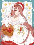  1girl absurdres bonnet bow bowtie breasts brown_hair cleavage drawing_kanon floral_background flower food food-themed_hair_ornament fruit hair_ornament highres lolita_fashion long_hair official_art original red_eyes ribbon ribbon_(kirby) strawberry strawberry_hair_ornament 