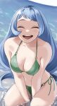  1girl absurdres beach bikini blue_hair boku_no_hero_academia breasts cleavage closed_eyes day fengling_(furin-jp) green_bikini hadou_nejire highres large_breasts light_blue_hair long_hair navel ocean open_mouth outdoors partially_submerged side-tie_bikini_bottom solo swimsuit v_arms very_long_hair 