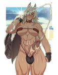  1girl abs animal_ears bikini black_gloves breasts brown_eyes bulge choker cloud covered_testicles cum dark-skinned_female dark_skin disembodied_limb ejaculation erection eyepatch fingerless_gloves fur-trimmed_jacket fur_trim futanari ghislaine_dedoldia gloves grey_hair handjob highres jacket jacket_removed long_hair muscular muscular_female mushoku_tensei navel parted_lips penis projectile_cum red_choker scar scar_on_face solo_focus sulcate sun swimsuit two-handed_handjob uncensored veins veiny_penis 