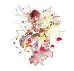  1girl aiming anna_(fire_emblem) attack bare_shoulders bouquet bow_(weapon) breasts closed_mouth detached_sleeves dress feather_trim fire_emblem fire_emblem_heroes flower flower_brooch gold_bracelet gold_choker high_ponytail holding holding_bouquet holding_bow_(weapon) holding_weapon medium_breasts official_alternate_costume official_art open_mouth ponytail red_eyes red_flower red_hair red_rose rose smile sparkle v-shaped_eyebrows weapon white_background white_dress yellow_flower yellow_rose 