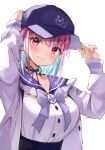  1girl adjusting_clothes adjusting_headwear baseball_cap blue_bow blue_bowtie blue_choker blue_hair blue_headwear blue_sailor_collar blunt_bangs blush bow bowtie breasts character_print choker closed_mouth colored_inner_hair frilled_sailor_collar frills hands_on_headwear hat highres hitsujisnow hololive jacket large_breasts long_sleeves looking_at_viewer minato_aqua minato_aqua_(5th_costume) multicolored_hair neko_(minato_aqua) official_alternate_costume official_alternate_hair_length official_alternate_hairstyle open_clothes open_jacket purple_eyes purple_hair ribbon_choker sailor_collar sailor_shirt shirt simple_background smile solo streaked_hair two-tone_hair upper_body virtual_youtuber white_background white_jacket white_shirt 