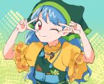  1girl blue_hair closed_mouth double_v dress green_headwear haniyasushin_keiki head_scarf itomugi-kun long_hair one_eye_closed red_eyes short_sleeves smile solo touhou v yellow_dress 