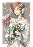  1girl absurdres au_ra brown_eyes brown_hair cam_(cammero95713700) clothing_cutout dragon_horns dress final_fantasy final_fantasy_xiv flower hair_flower hair_ornament highres holding holding_flower horns lily_(flower) lips long_hair looking_at_viewer petals scales shoulder_cutout solo veil warrior_of_light_(ff14) white_dress 