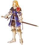  1girl absurdres agrias_oaks armor armored_boots artist_name belt blonde_hair boots braid final_fantasy final_fantasy_tactics full_body gauntlets highres holding holding_weapon holster knight long_hair marchbell official_style shoulder_armor solo standing sword weapon white_background yellow_eyes 
