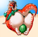  2017 all_fours anthro beach big_butt butt chubby_anthro chubby_female claws clothing clothing_aside dinosaur dress eyewear fangs female food fruit hat headgear headwear looking_at_viewer looking_back lying melon open_mouth overweight overweight_anthro overweight_female panties panties_aside plant raised_tail rear_view reptile sand scalie seaside shenzel slightly_chubby solo sun_hat sundress sunglasses tail teeth theropod toe_claws trinity_(shenzel) tyrannosaurid tyrannosaurus tyrannosaurus_rex underwear underwear_aside watermelon 