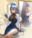  1girl absurdres alternate_costume azur_lane bad_source bare_shoulders blue_dress blue_eyes breasts cocktail_glass commission cup dress drinking_glass flower gloves grey_hair hair_between_eyes hair_flower hair_ornament highres holding holding_cup hymin intrepid_(azur_lane) large_breasts long_hair looking_at_viewer mirror mole mole_on_breast parted_lips ponytail reflection see-through sidelocks sitting smile thighs tiara 