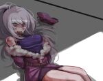 bare_legs bare_shoulders belt blood blood_on_clothes bruise character_request commission crying crying_with_eyes_open cuts dungeon_and_fighter grey_hair headwear_removed highres hwaryeok injury jacket long_hair lying on_back open_mouth ponytail purple_eyes purple_jacket purple_shirt shirt sleeveless sleeveless_shirt tears 