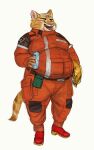  2020 anthro armor belt beverage beverage_can boots cettus clothed clothing domestic_cat felid feline felis footwear fur hard_hat headgear helmet hi_res holding_beverage holding_object jumpsuit male mammal mechanic open_mouth orange_body orange_clothing orange_fur overweight overweight_anthro overweight_male science_fiction shoes simple_background solo standing suit tabby_cat white_background 