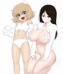  2girls animal_ears animal_hands black_hair blonde_hair blue_eyes blush bottomless bra breasts collared_shirt commentary_request emblem fake_animal_ears fang girls_und_panzer gloves hair_between_eyes highres huge_breasts katyusha_(girls_und_panzer) long_hair long_sleeves looking_at_viewer multiple_girls navel nonna_(girls_und_panzer) open_clothes open_mouth open_shirt panties pasties paw_gloves pravda_(emblem) seiza shaded_face shirt short_hair simple_background sitting star_pasties stomach sweatdrop underwear unfinished wata_do_chinkuru white_background white_bra white_panties white_shirt wide-eyed 