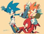  3boys animal_ears animal_nose arm_up arms_up artist_name blue_eyes blue_fur closed_mouth crossed_legs fang fox_boy fox_ears fox_tail furry furry_male green_eyes half-closed_eyes hedgehog hedgehog_ears hedgehog_tail highres knuckles_the_echidna leg_up looking_at_viewer male_focus multiple_boys multiple_tails ombeo_o open_mouth orange_fur purple_eyes red_footwear red_fur shoes simple_background sitting smile sneakers socks sonic_(series) sonic_the_hedgehog standing standing_on_one_leg tail tails_(sonic) tongue two_tails v white_socks yellow_background 