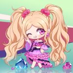  1girl absurdres blonde_hair bow chibi flower frilled_skirt frills full_body green_bow grin hair_flower hair_ornament hand_on_own_hip highres kumu_zaisheng mo_sha_(ye_luoli) off-shoulder_shirt off_shoulder one_eye_closed pink_skirt purple_eyes purple_skirt red_flower shirt skirt smile solo teeth twintails v wide_sleeves ye_luoli 