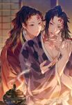  2boys absurdres black_hair blurry blurry_background blush brothers closed_mouth collarbone commentary_request earrings facial_tattoo finger_in_another&#039;s_mouth hanafuda hanafuda_earrings hands_up haori high_ponytail highres honeycomb_(pattern) incense incense_burner indoors jacket japanese_clothes jewelry kimetsu_no_yaiba kimono long_hair long_sleeves looking_at_another male_focus multicolored_hair multiple_boys neck_tattoo open_mouth oyumai parted_bangs pectoral_cleavage pectorals ponytail purple_kimono red_eyes red_hair red_jacket ribbon shouji siblings sidelocks sliding_doors smile tattoo teeth tsugikuni_michikatsu tsugikuni_yoriichi white_ribbon wide_sleeves yaoi 