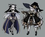  2girls arch_bishop_(ragnarok_online) black_dress black_headwear blue_dress blue_eyes book bow brown_bow cleavage_cutout clothing_cutout commentary_request cone_hair_bun cross dated dress dress_bow frilled_dress frilled_sleeves frills full_body grey_background grey_horns grey_thighhighs habit hair_bun hat holding holding_book kneehighs kusabi_(aighe) long_hair looking_at_viewer multiple_girls official_alternate_costume open_mouth own_hands_together pelvic_curtain pointy_ears purple_eyes ragnarok_online sash simple_background smile socks thighhighs two-tone_dress white_dress white_hair white_socks witch_hat yellow_sash 