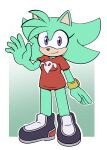  2023 anthro biped black_clothing black_footwear black_nose blue_eyes breasts clothed clothing eulipotyphlan female footwear front_view gesture green_body head_tuft hedgehog hi_res hyoumaru looking_at_viewer mammal red_clothing red_shirt red_topwear sega shirt short_tail simple_background solo sonic_the_hedgehog_(series) standing tail topwear tuft waving waving_at_viewer 